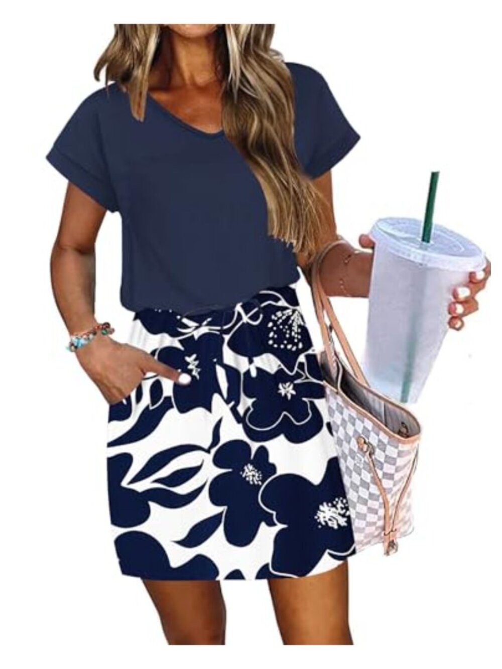 Women's Summer V Neck Dress Short Sleeve Beach Vacation Sundress with Pockets